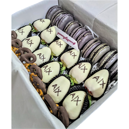 Macarons + Chocolate Dipped Strawberries Gift Box in AX Theme: White & Grey